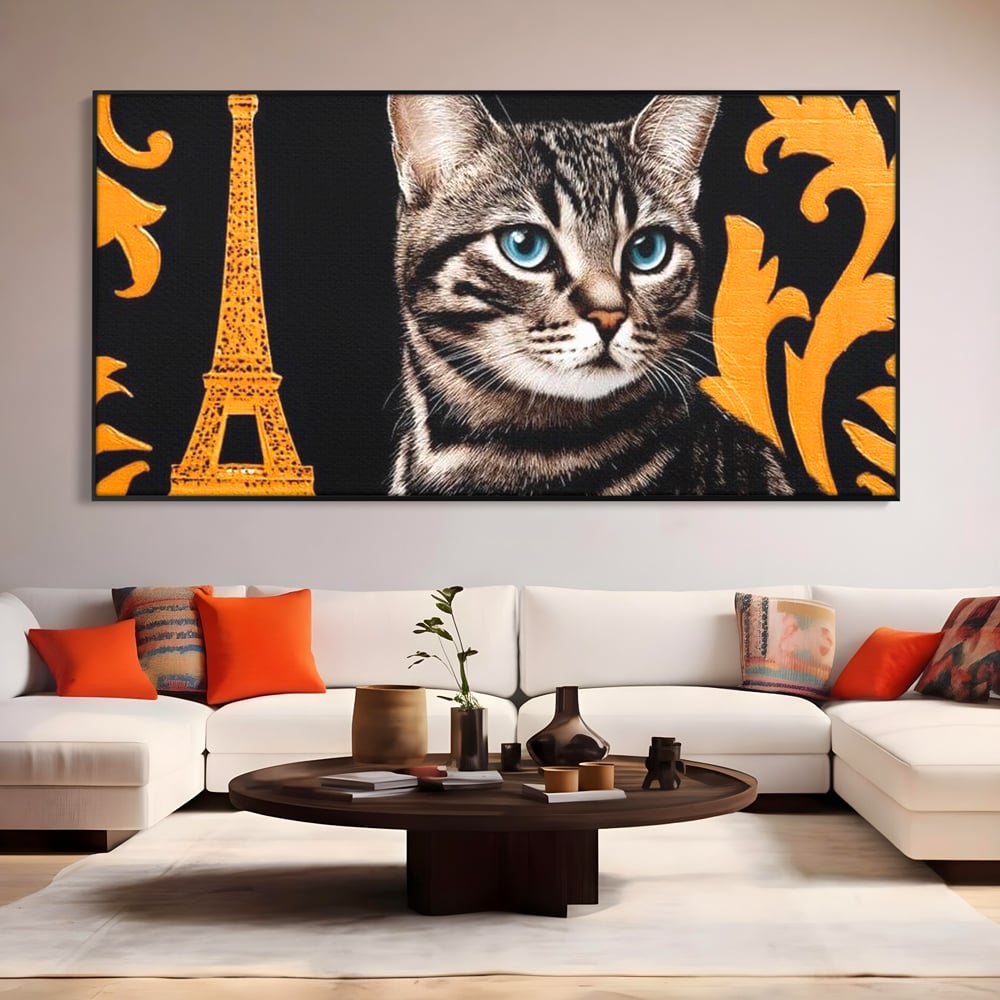 Tablou canvas cu tablou canvas cu pisica si turnul eiffel, in rama de aluminiu negru, pe perete intr-un living
